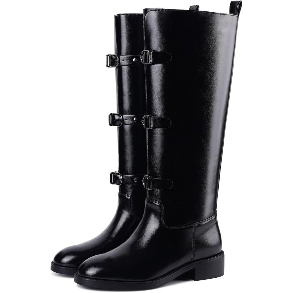 Women's C-black Chunky Low Heel Pull On Riding Comfortable Knee High Boots